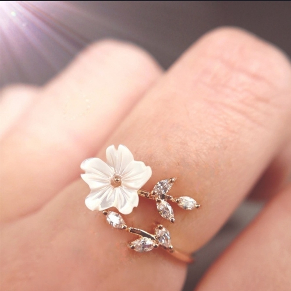 Rose Gold Plated Cherry Blossom Flower Bypass Ring CZ Crystal Sparkle